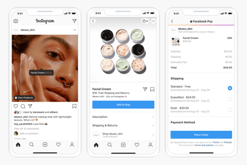 A photo of three phones with Instagram's shopping interface, featuring nine facial creams users can purchase on the app.