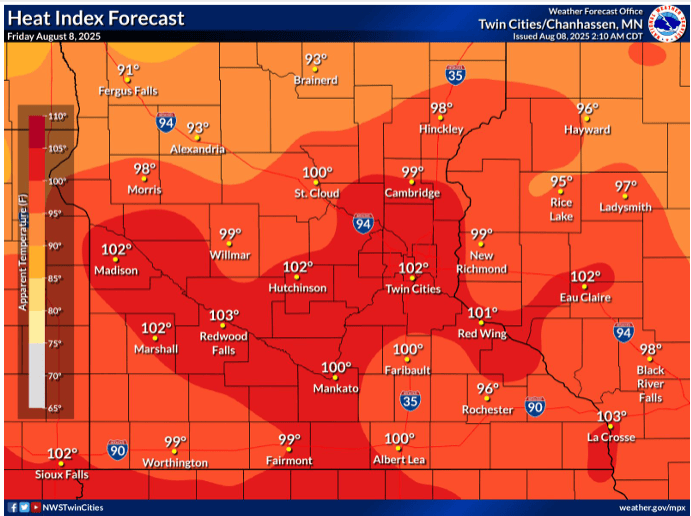 Heat index forecast for Friday afternoon