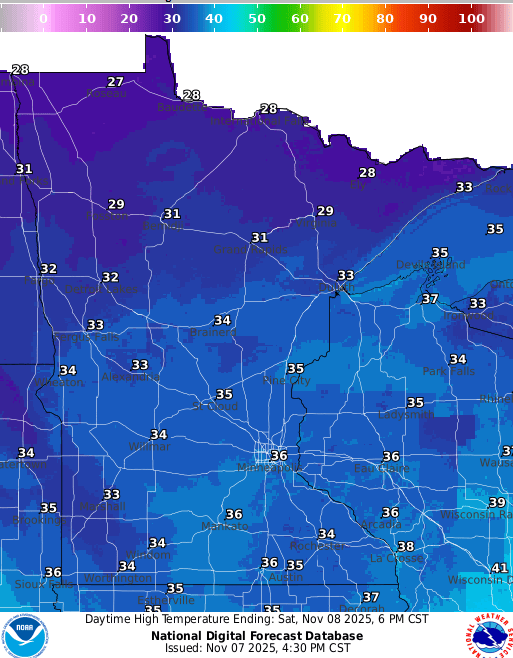Forecast high temperatures Saturday