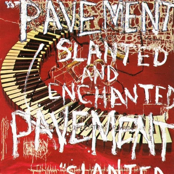 A red album cover with messy white lettering.