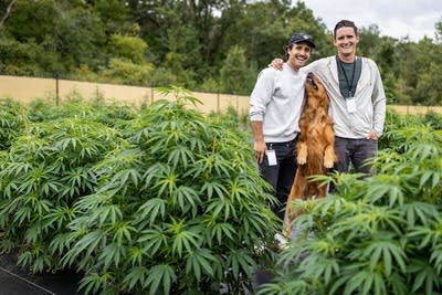 Two men pose with a dog