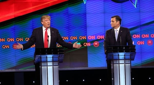  Republican presidential candidates Donald Trump and Sen. Ted Cruz during the GOP debate on Thursday. Trade was one of the heated topics during the debate. 