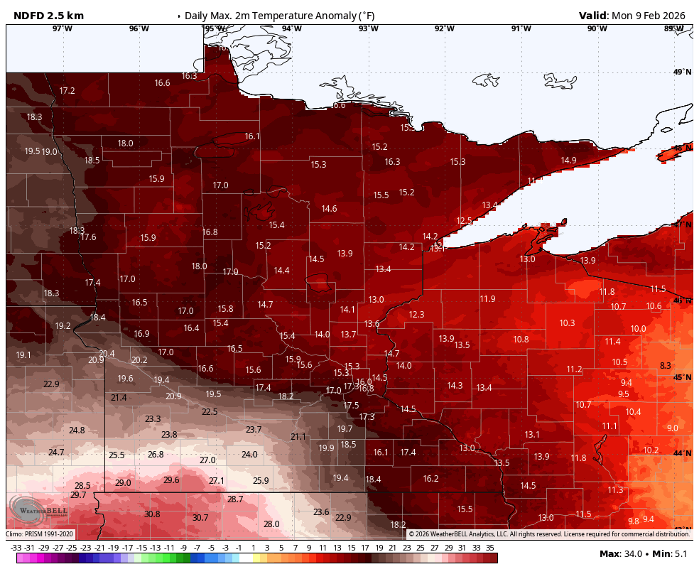 15 to 30 degrees above normal Monday 