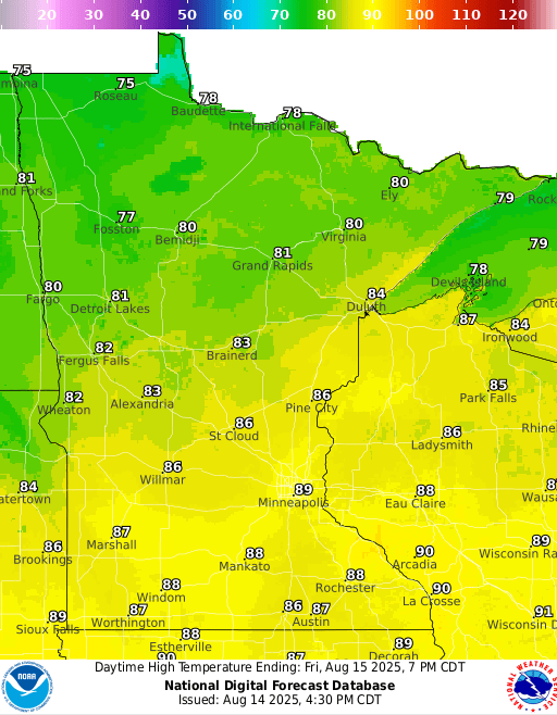 Forecast high temperatures Friday