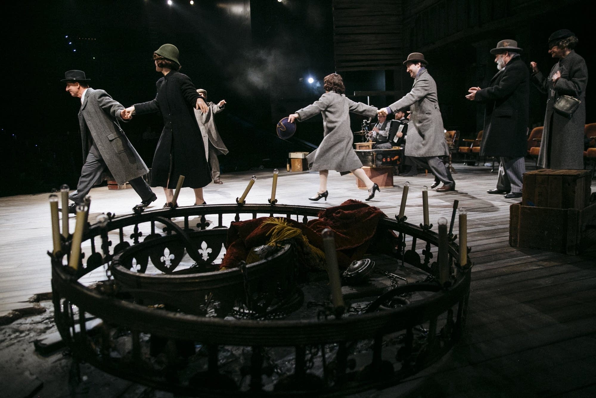 Actors rehearse the opening scene of