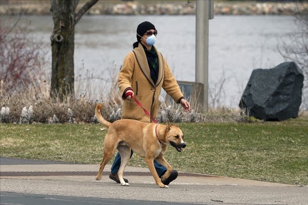 A woman wears a face mask as she walks around Normandale Lake with a dog.