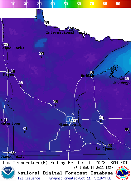 Forecast low temperatures Friday morning 2