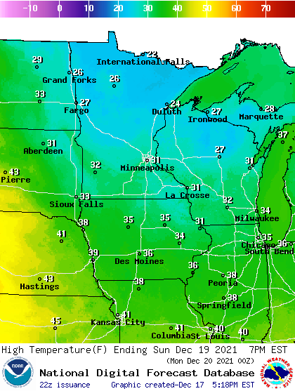 Forecast high temperatures Sunday