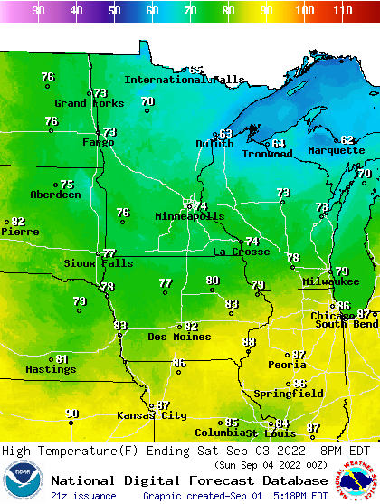 Forecast high temperatures Saturday
