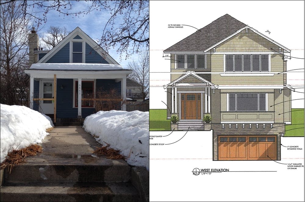 Linden Hills home, left, plan for new home, right