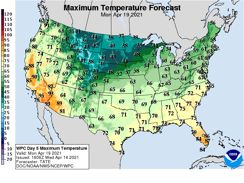 Forecast high temperatures Monday