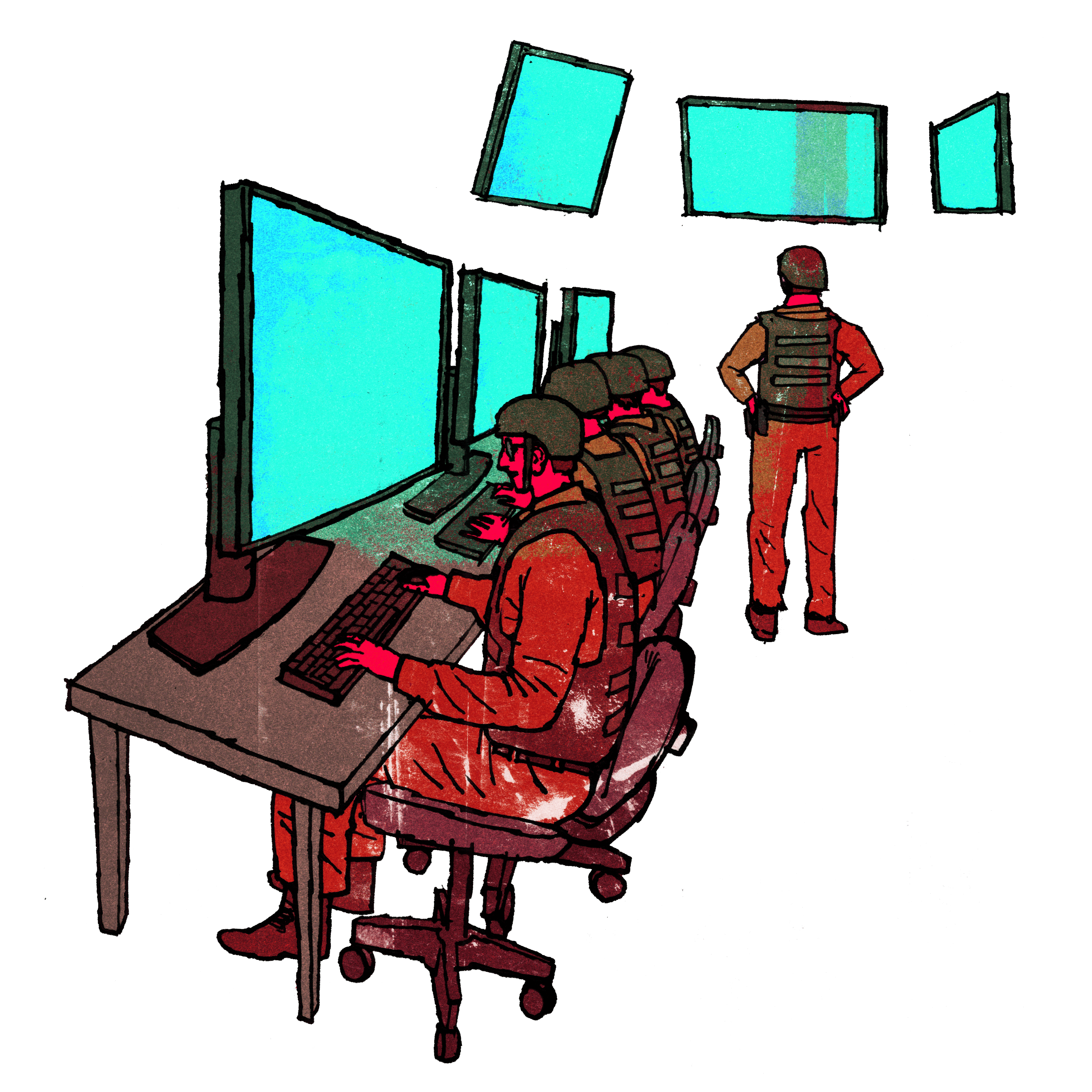 An illustration of a group of soldiers sitting at large computer screens.
