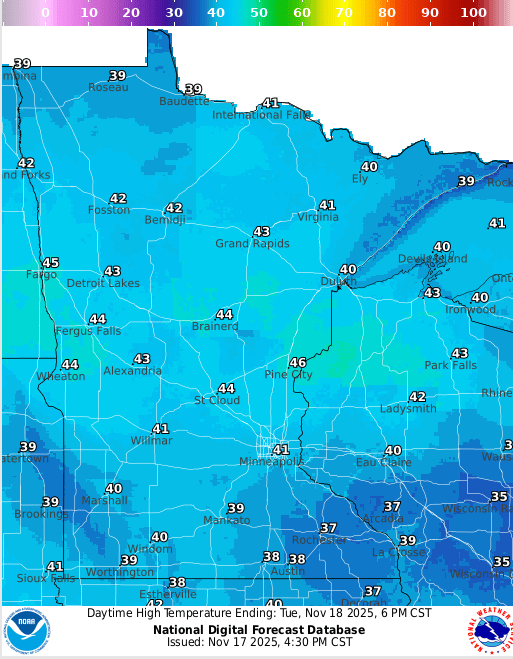Forecast high temperatures Tuesday