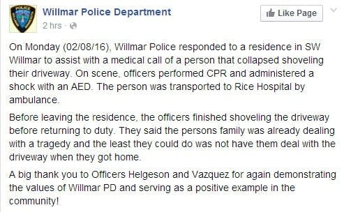 Willmar cops rescue stricken man, then shovel his driveway