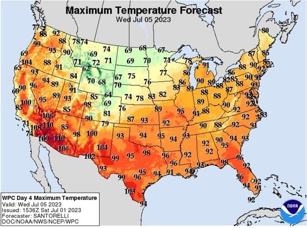 Forecast high temperatures for Wednesday