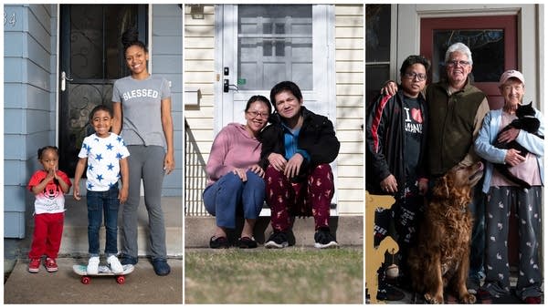 three portraits of families on their front stoops