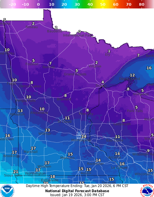 Forecast high temperatures Tuesday