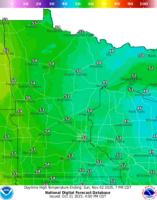 Forecast high temperatures Sunday 