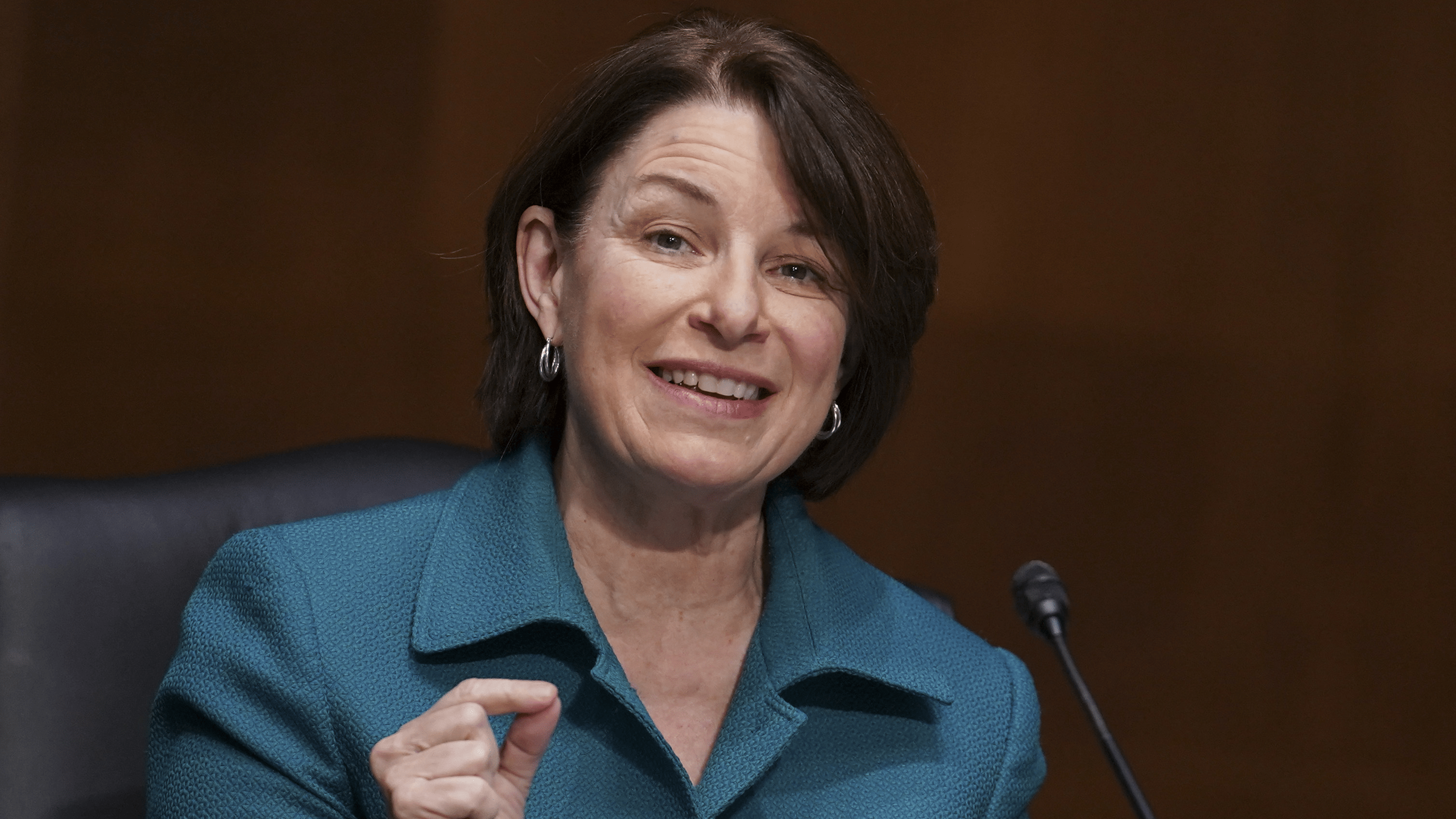 Senator Amy Klobuchar (D-MN) speaks during a Senate Veterans' Affairs Committee confirmation hearing in January 2021.