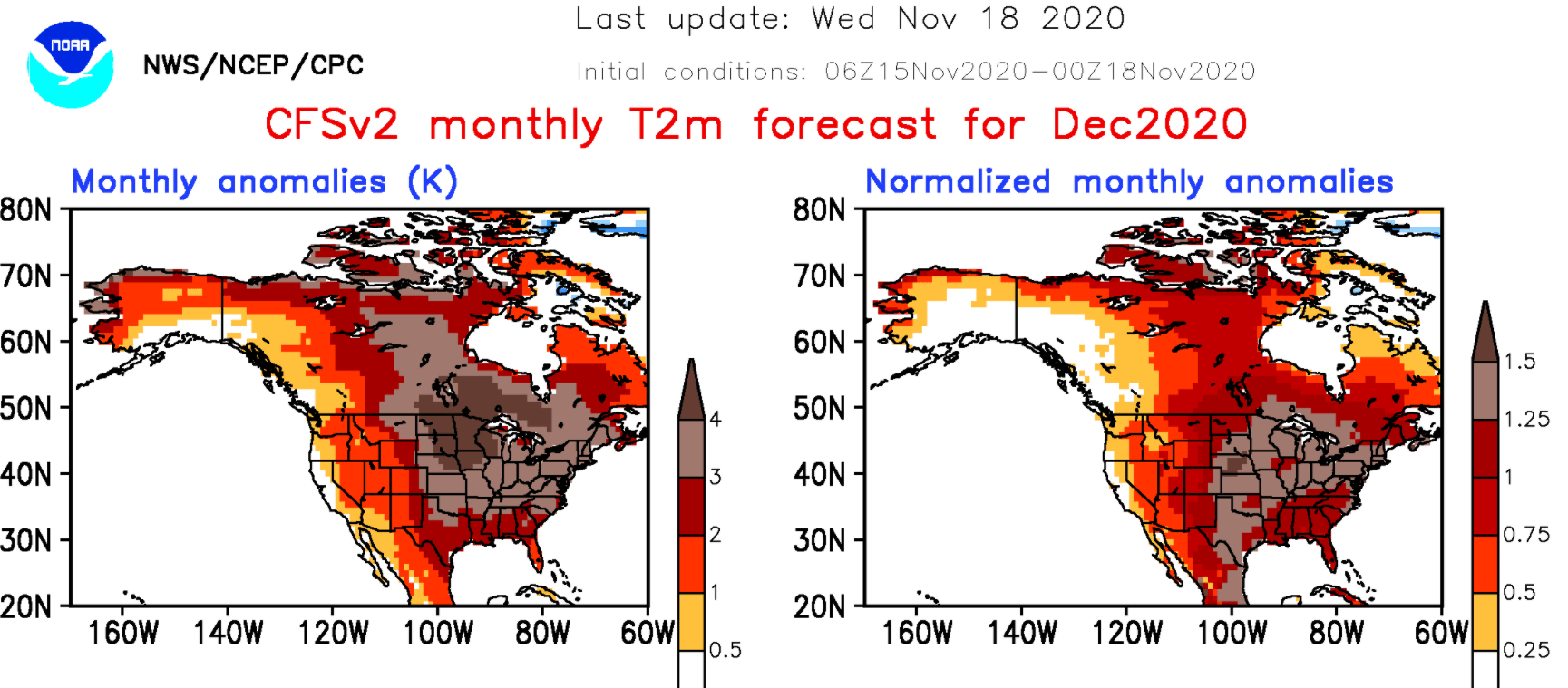 NOAA CFS2 temperature outlook for December 2020