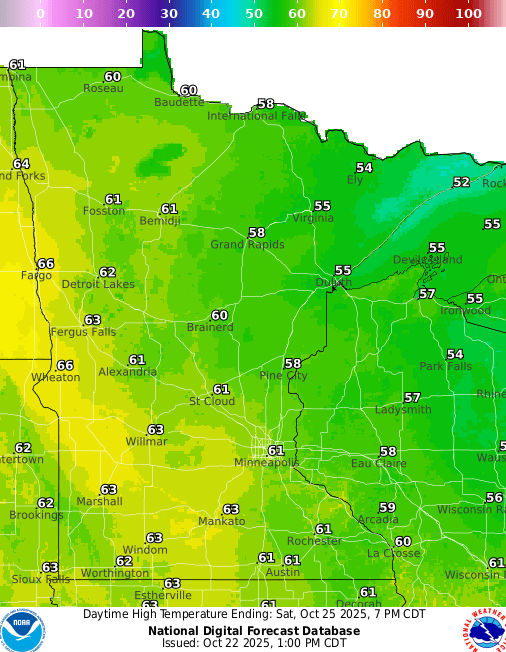 Forecast high temperatures Saturday