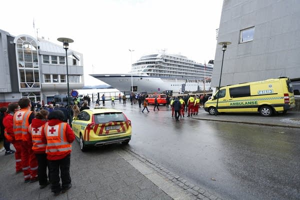 The cruise ship Viking Sky arrives at port in Molde, Norway.