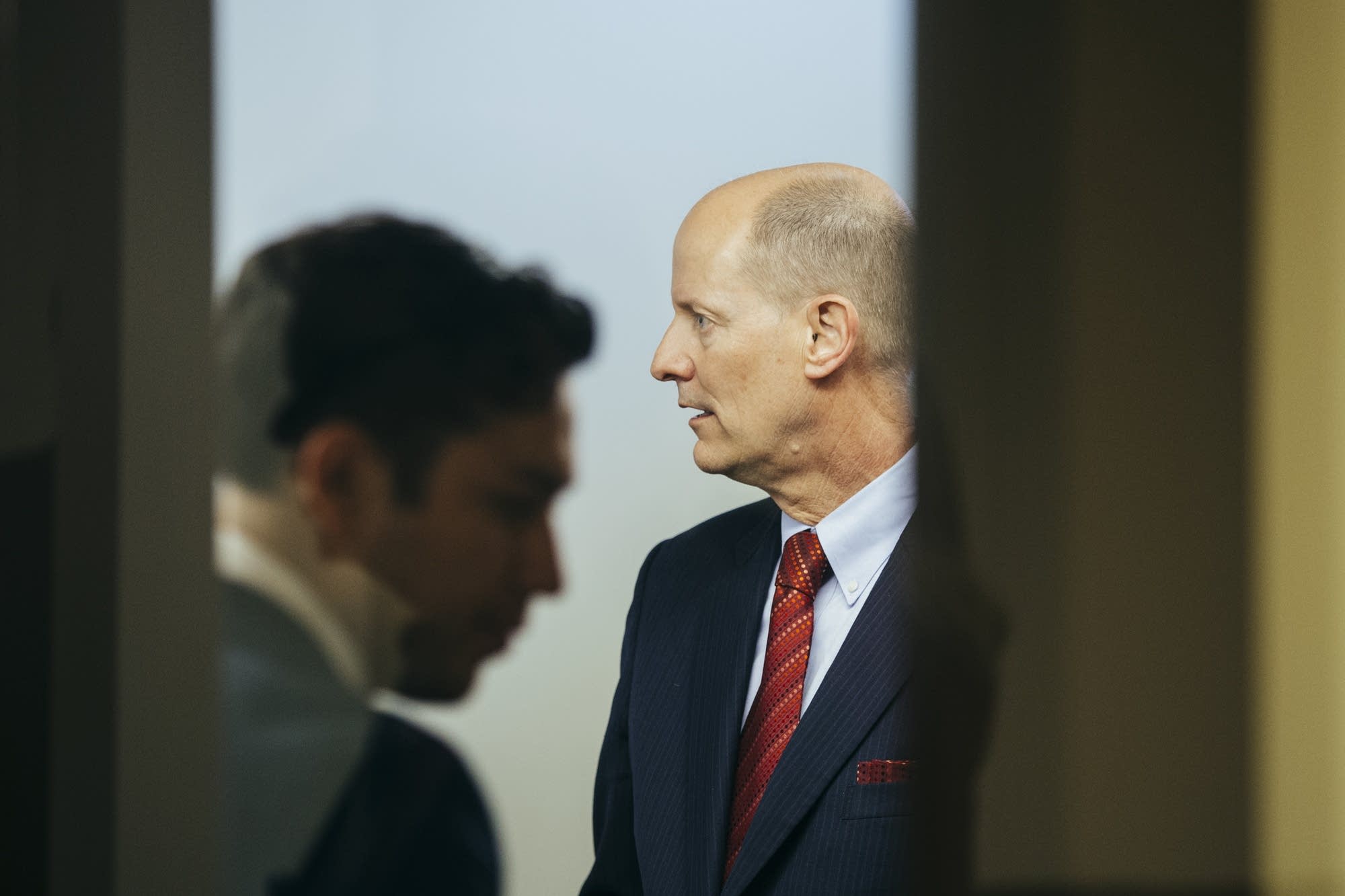 Paul Gazelka, R-Nisswa, stands in a green room after a press conference.