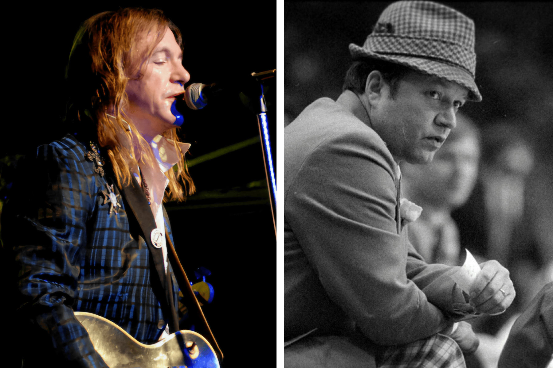 Two photos, one of a man performing with a guitar, the other a black and white photo of a man.