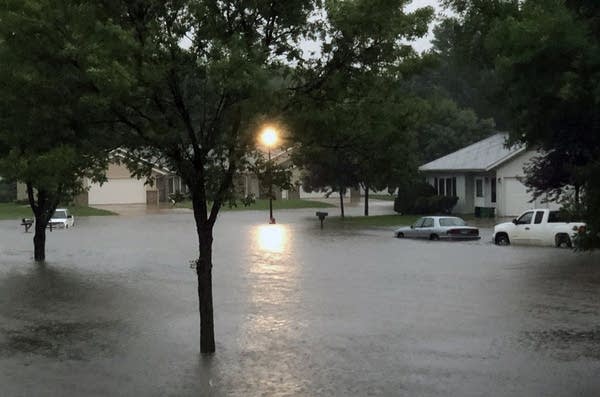 A flooded street in Marshall, Minn. 