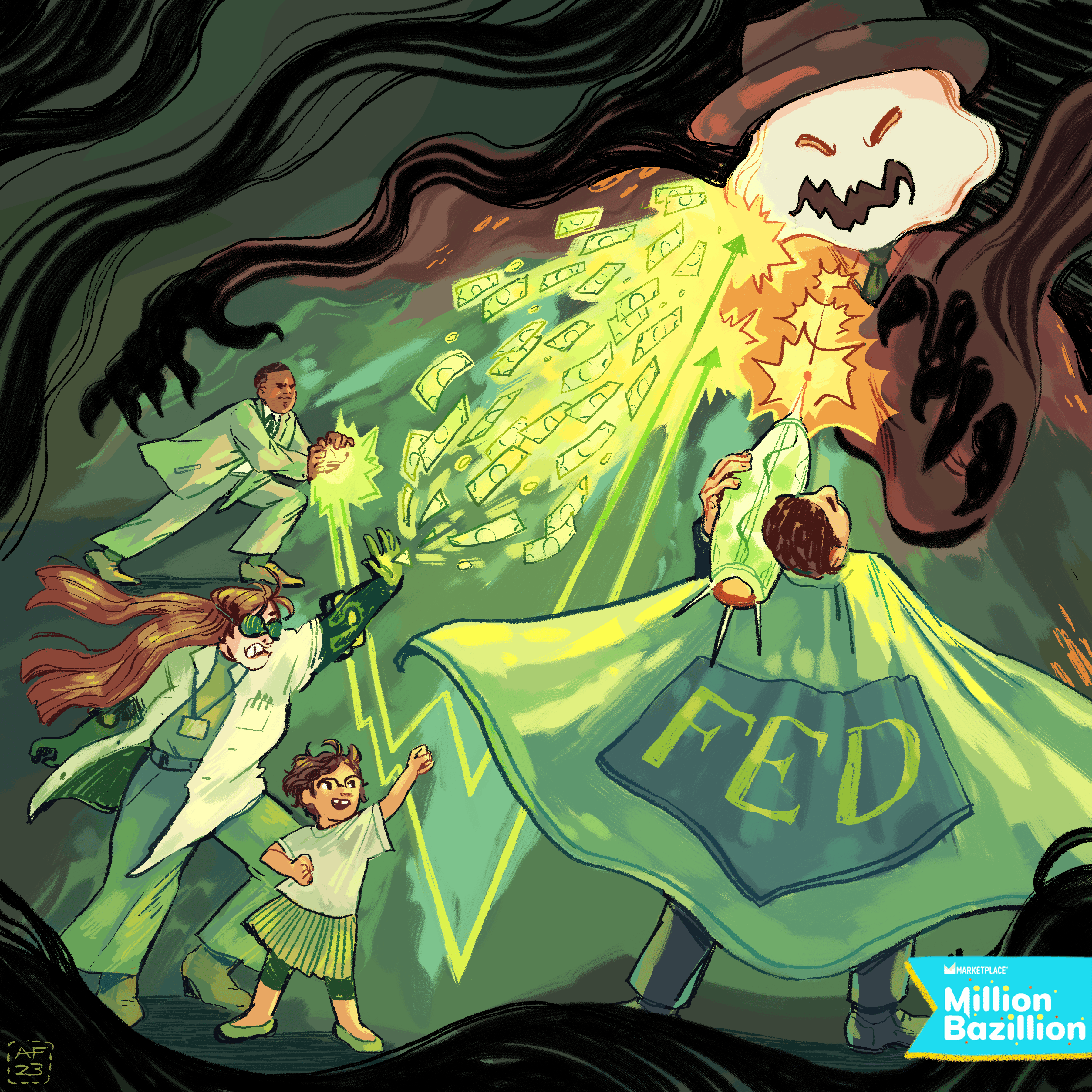 A drawing of three kids battling a scarecrow, a superhero with a cape that reads, "FED" helps them.