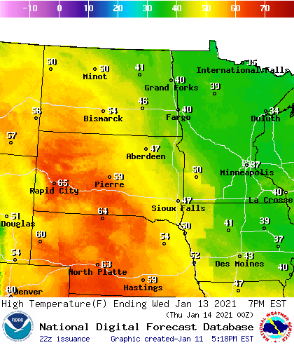 Forecast high temperatures Wednesday