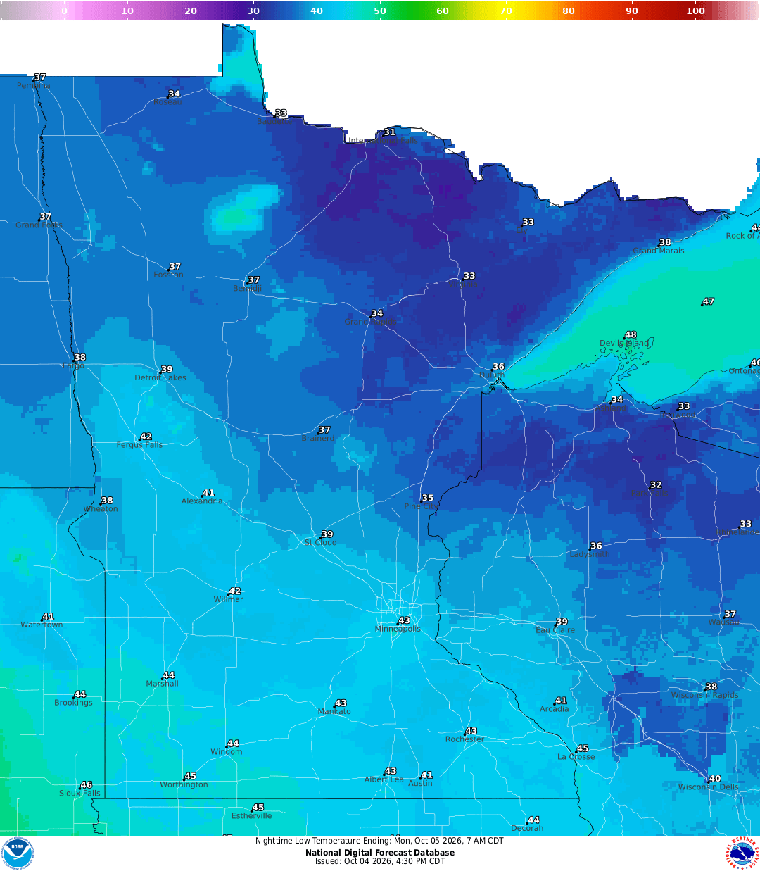 Lows for Sunday night