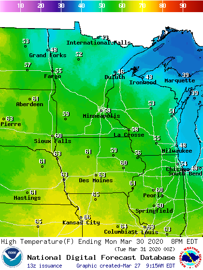 Forecast high temperatures Monday