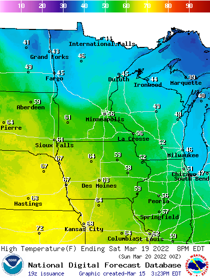 Forecast high temperatures Saturday
