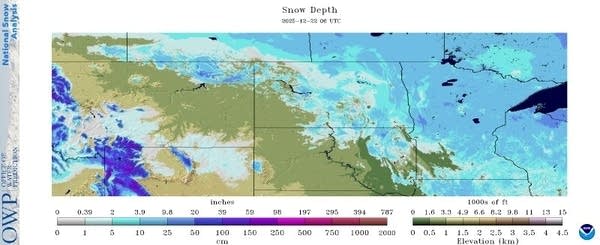 A wide map shows snowfall depth across Montana, the Dakotas and Minnesota.