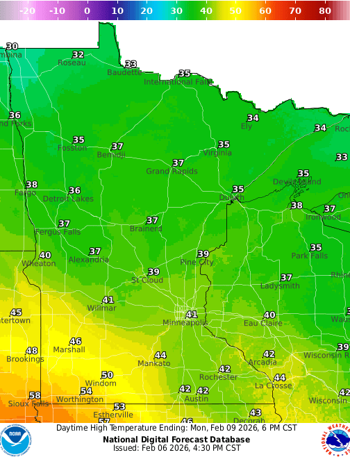 Forecast high temperatures Monday