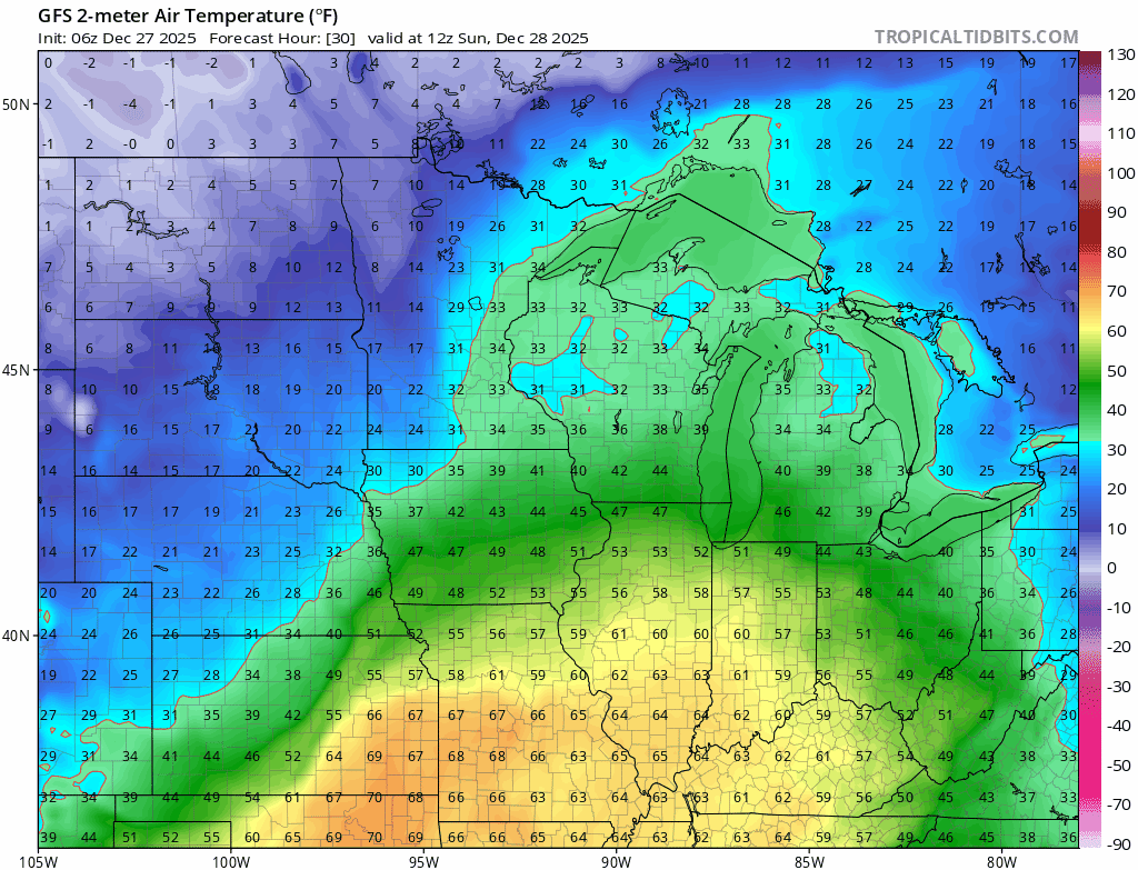 Temperatures Sunday into Monday