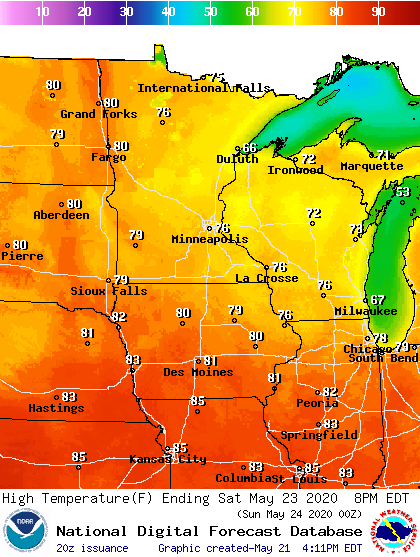 Forecast high temperatures Saturday