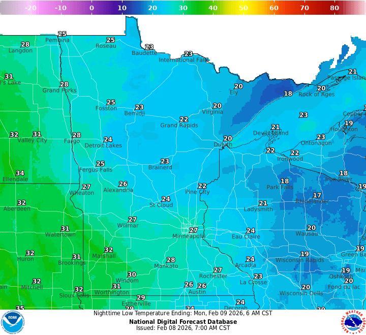 Sunday night's lows