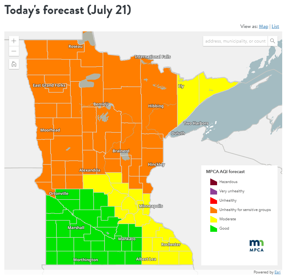 Air quality forecast for Monday