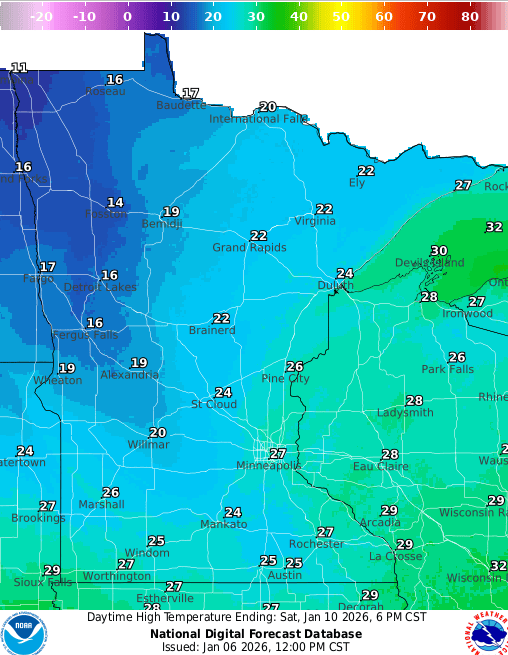Forecast high temperatures Saturday