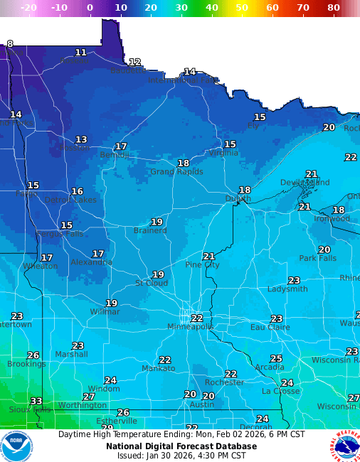 Forecast high temperatures Sunday 