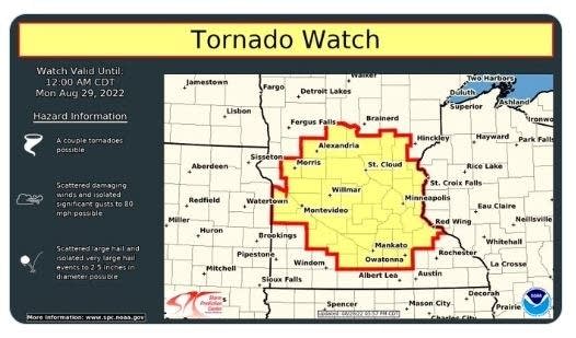 Tornado watch for Twin Cities metro area and much of Minnesota until midnight Sunday