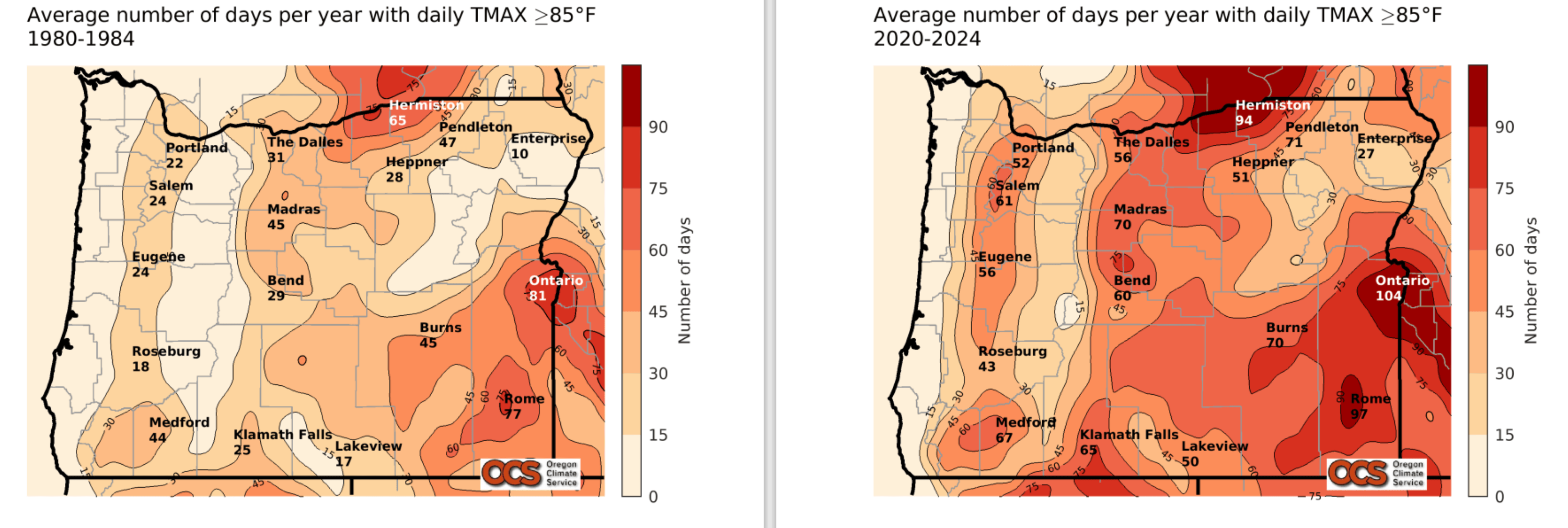 Two temperature maps of Oregon placed side-by-side. The first shows data from the years 1980 to 1984, and the second shows data from the years 2020 to 2024.