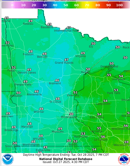 Forecast high temperatures Tuesday