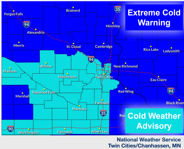 Extreme cold warning and cold weather advisory