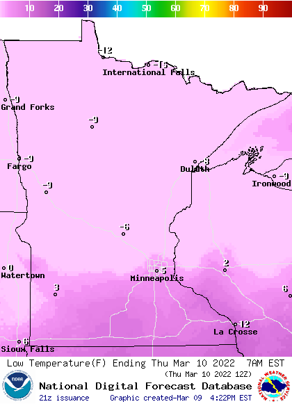 Forecast low temperatures Thursday morning