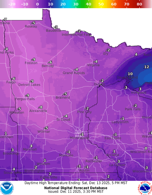 Forecast high temperatures Saturday