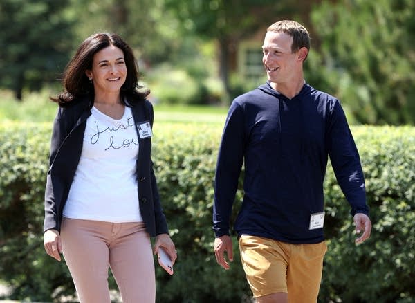 CEO of Facebook Mark Zuckerberg walks with COO of Facebook Sheryl Sandberg after a session at the Allen & Company Sun Valley Conference on July 08, 2021 in Sun Valley, Idaho. 