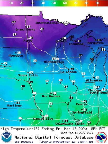 Forecast high temperatures Friday